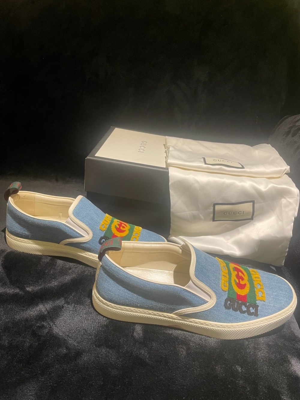 Gucci Blue Denim Slip-On Sneakers with Multicolor Embroidered Logo - Picture 3 of 10